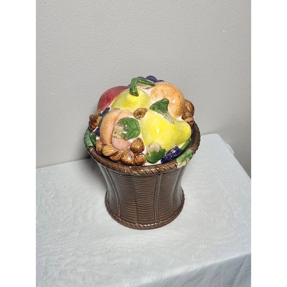 Vintage Ceramic Fruit Basket Cookie Jar Hand Painted Grapes Apple Pear Walnuts